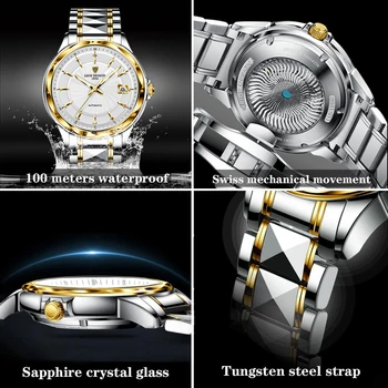 2020LIGE Prekės Prabanga Mechaninė Automatinė Aukso laikrodis Vyrams, Vandeniui Mados Volframo Plieno Mechaninių Laikrodžių Relogio Masculino