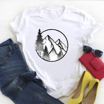 Moterų Kalnų Miškų Kempingas Spausdinti Trumpas Rankovės Ponios Vasaros T Tee Moterų Top Marškinėliai Drabužių Marškinėlius Moterų Grafinis T-shirt
