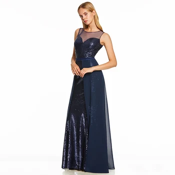 Dressv tamsiai mėlyna linija ilgą vakarinę suknelę pigūs samtelis kaklo, rankovių vestuves oficialų suknelė blizgančiais vakaro suknelės
