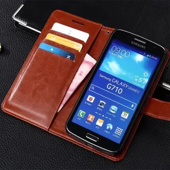 G710 Samsung Galaxy Grand 2 Atveju Knygos Stiliaus Apversti Piniginės Kortelės Lizdas Stentas Atvejais, Aliejus, Vaškas Odinis Dangtelis Juodas SM 7102 Samsung710