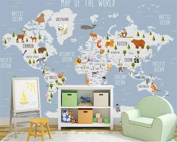 Beibehang Užsakymą Vaikų Kambario Sienos 3d Tapetai, cartoon gyvūnų Pasaulio Žemėlapyje Mėlyno dangaus Fone Sienos 3d tapetai, freskos tapety