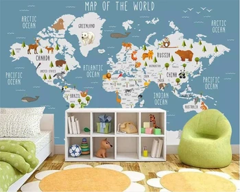 Beibehang Užsakymą Vaikų Kambario Sienos 3d Tapetai, cartoon gyvūnų Pasaulio Žemėlapyje Mėlyno dangaus Fone Sienos 3d tapetai, freskos tapety