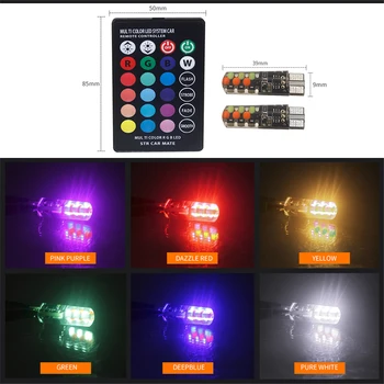 2VNT RGB LED 12V T10 LED RGB 5050 6SMD Universaliųjų Automobilių Atmosfera Lempa Nuotolinio valdymo pultelis Skaitymas priekinis žibintas Pleišto Apdailos Šviesos