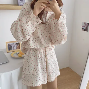 Korėjos Pajama Mujer Vyšnių Spausdinimo Medvilnės Verpalų Sleepwear Nustatyti Long Sleeve Top+Shorts Pynimas Homewear Odos Draugiškas Kvėpuojantis S1029