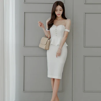 White One piece Suknelė moterims Vasaros Korėja Verslo Trumpas Rankovės Įgulos kaklo Tuščiaviduriai Iš Sexy Ladies 