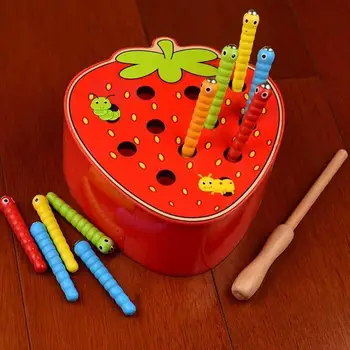 Kūdikių Juokinga, Mediniai Žaislai, 3D Puzzle ikimokyklinio Ugdymo Žaislai Sugauti Žaidimas Kirminas Spalvų Pažinimo Magnetinio Braškių 