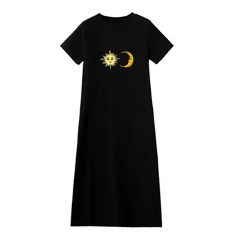 Vasaros Mėnulis Saulės Suknelė Moteris Black Midi Marškinėlius Suknelė Laiškas Išspausdintas Atsitiktinis Palaidų Mados Plius Dydis Vestido Moterų Korėjos Drabužių