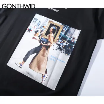 GONTHWID Mergina su Perlo Auskaru T Marškinėliai Vyrams Juokinga Atspausdintas Trumpas Rankovės Streetwear Tshirts 2020 metų Vyras Hip-Hop Atsitiktinis Viršūnes Tees