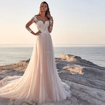Boho Šampano Vestuvių Suknelės su ilgomis Rankovėmis 2021 Vien Samtelis Iškirpte Minkštas Tiulis Backless Valymo Traukinio Vestuvinės Suknelės