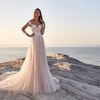 Boho Šampano Vestuvių Suknelės su ilgomis Rankovėmis 2021 Vien Samtelis Iškirpte Minkštas Tiulis Backless Valymo Traukinio Vestuvinės Suknelės