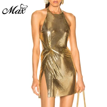 Max Spri 2019 Vestidos Moterų Sexy Aukso Apynasrio O Kaklo Backless Ritininės Bodycon Mini Suknelė Šalies Klubas Rankovių Vasaros Suknelė Karšto