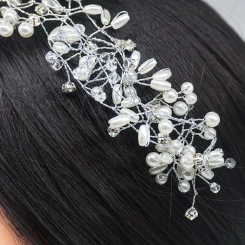 Prabangių Vestuvių Plaukų Aksesuarai Nuotakų Galvos Ilgai Tiara Nuotaka Galvos Grandinės Pearl Hairband Papuošalai Metalo Plaukų Žnyples, su Cirkonio