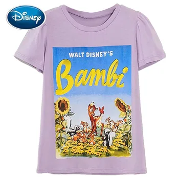 Disney Marškinėliai Mados Bambi Elnias Triušis Animacinių Filmų Laiškas Spausdinti Moterys T-Shirt O-Kaklo Trumpomis Rankovėmis Medvilnė Tee Viršūnes Violetinė Moteriška