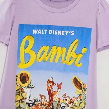 Disney Marškinėliai Mados Bambi Elnias Triušis Animacinių Filmų Laiškas Spausdinti Moterys T-Shirt O-Kaklo Trumpomis Rankovėmis Medvilnė Tee Viršūnes Violetinė Moteriška