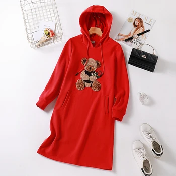 Aksomo Veliūras negabaritinių marškinėlius hoodie moterų raudona plius dydis xxl, 3xl 4xl 5xl gobtuvu ilgomis rankovėmis ilgai viršūnes su kišenėmis rudenį