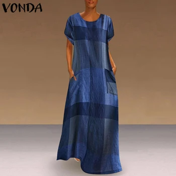 Moterų Suknelė Pledas Sundress Bohemijos Vintage Marškinėliai Long Maxi Suknelė, Paplūdimio Suknelė VONDA 2021 m. Vasarą Sundress Plius Dydis Moterų Apdaras