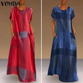 Moterų Suknelė Pledas Sundress Bohemijos Vintage Marškinėliai Long Maxi Suknelė, Paplūdimio Suknelė VONDA 2021 m. Vasarą Sundress Plius Dydis Moterų Apdaras