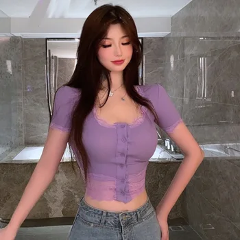 Korėjos versija sexy nėrinių susiuvimo viršūnes moterų stora montavimo single-breasted T-shirt trumpas viršūnės vasarą trumpomis rankovėmis