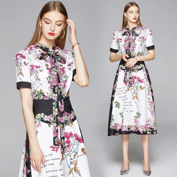 Mados kilimo ir tūpimo Tako 2020 Metų Vasaros Midi Suknelė Moterims trumpomis rankovėmis Lankas Apykaklės Gėlių Grandinės Spausdinti Vintage Suknelė Moterų Šventė-Line Suknelė