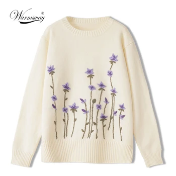 Girly Siuvinėjimo Violetinė Gėlių Megztinis Džemperis O-Kaklo, Ilgomis Rankovėmis Rudenį, Žiemą, Laisvas Megztinis, C-103