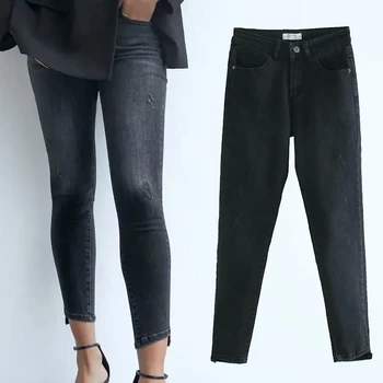 ZA 2020 naują pavasario rudens Juoda Liesas džinsus medvilnės Kelnės Moterims Aukšto Juosmens, Tiesios Kelnės vientisos spalvos Atsitiktinis kelnės streetwear