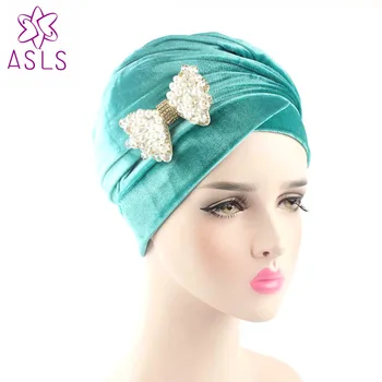 Naujas prabangus hijab Nigerija aksomo Galvos Turbaną Wrap Papildomų indijos Headwrap Kaklaraištis su pearl bowknot sagė moterų Plaukų aksesuarai