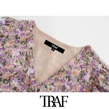 TRAF Moterų Elegantiškos Mados Gėlių Spausdinti Susiėmę Mini Suknelė Vintage Sluoksniuotos Rankovėmis Su Pamušalu Moterų Suknelės, Vestidos Mujer