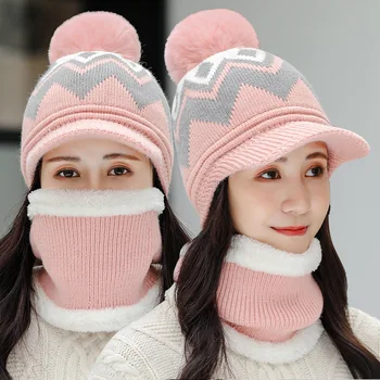 Hat Moterų Žiemos Naujų korėjos Versija Šimtą Megztos Kepurės Saldus Mielas Šiltas Vilnos Kaklo Rožinės spalvos Skrybėlę Rinkinys