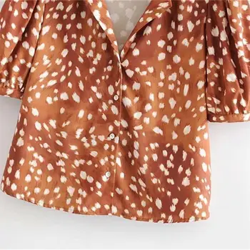 Rudenį 2019 moterų naujos V-kaklo trumpomis rankovėmis peties plisuotos prarasti atspausdinta marškinėliai 08673468700