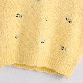 Derliaus saldus gėlių siuvinėjimas geltona megzta liemenė džemperis moterims 