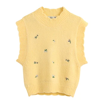 Derliaus saldus gėlių siuvinėjimas geltona megzta liemenė džemperis moterims 