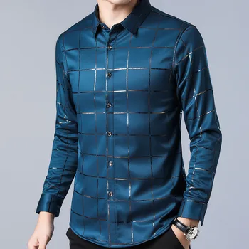2019 prekės atsitiktinis pavasario prabangus pledas ilgomis rankovėmis slim fit marškinėliai vyrams streetwear socialinės suknelė marškiniai mens mados jersey 2309