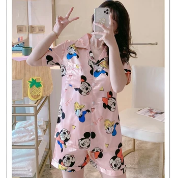 Korėjos Pajama Nustatyti Mickey Animacinių Filmų Satino Pižama Animacinių Filmų Vasaros Moters Drabužius Kawaii Šilko Pižama V-Kaklo Miego Dėvėti Rožinė