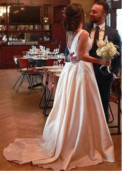 Elegantiškas Satino Bateau Iškirpte A-line Wedding Suknelė su Bowknot & Kišenės, Ilgas Paprastas Vestuvinės Suknelės Chalatas De Mariee