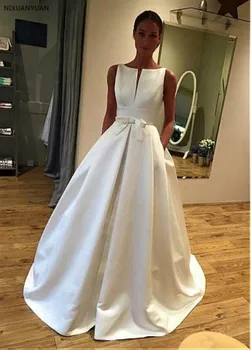 Elegantiškas Satino Bateau Iškirpte A-line Wedding Suknelė su Bowknot & Kišenės, Ilgas Paprastas Vestuvinės Suknelės Chalatas De Mariee