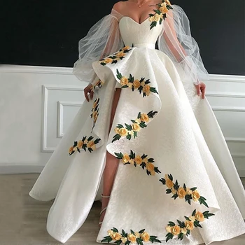 Ilgomis Rankovėmis, Baltos Vakarinės Suknelės 2020 Naujas Kamuolys Suknelė Padalinta Nėriniai Gėlės Islamo Dubajus, Saudo Arabų Ilgai Oficialią Chalatai Prom Dress