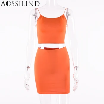 AOSSILIND Spageti dirželis seksualus dviejų dalių komplektas boydcon suknelė 2019 m. vasarą moterys neoninės oranžinės spalvos mini šalies klubas suknelės