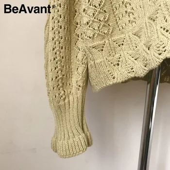 BeAvant Nėriniai kablys gėlių V-kaklo perlų mygtuką megzti megztinis kailis Atsitiktinis megztinis megztinis Elegantiškas rudenį ponios megztinis viršūnės