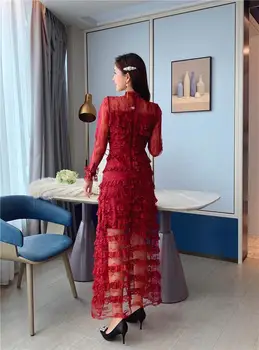 Naują Pavasario Bordo Raudona Moteris Suknelė ilgomis rankovėmis Nėrinių Akių Kratinys Maxi Šalis Suknelės Moterų aukšto Juosmens Vestidos Rudenį