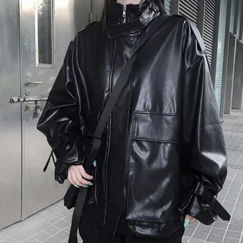 Japonijos korėjiečių Stiliaus PU Odinė Striukė Prarasti 2020 M. Rudenį Naujų ilgomis rankovėmis Paltai Moterims Punk Rock Striukės Banga Kišenėje Outwear
