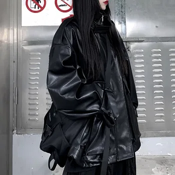 Japonijos korėjiečių Stiliaus PU Odinė Striukė Prarasti 2020 M. Rudenį Naujų ilgomis rankovėmis Paltai Moterims Punk Rock Striukės Banga Kišenėje Outwear