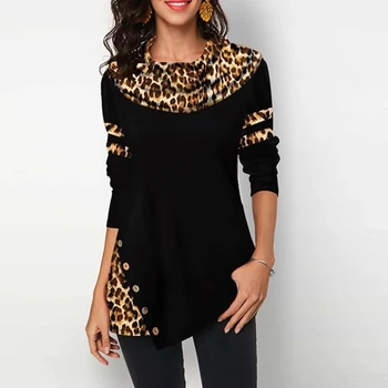 2021 Moteris Rudens-Žiemos Susiėmę Long Sleeve T Laisvi marškinėliai Atsitiktinis Leopardas Spausdinti Pacthwork Moterų Plius Dydžio Ilgas Stiliaus Viršūnes Tees