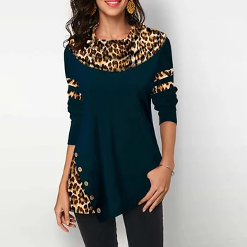 2021 Moteris Rudens-Žiemos Susiėmę Long Sleeve T Laisvi marškinėliai Atsitiktinis Leopardas Spausdinti Pacthwork Moterų Plius Dydžio Ilgas Stiliaus Viršūnes Tees