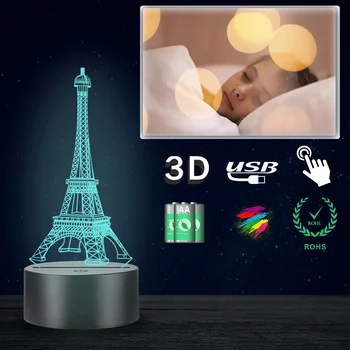 Prancūzijos Eifelio Bokštas Dekoratyvinės 3D Lempos Akrilo Naktį Šviesos Daugiaspalvis Apšvietimas Šalies Atmosferą LED USB Mielas Kalėdų Dovana