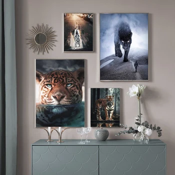 Gėlių Gyvūnų Liūtas, Tigras, Meška Abstrakčios Drobės Tapybos Sienos Menas Šiaurės Plakatas ir Spaudiniai Nuotraukas Kambarį Namų Dekoro