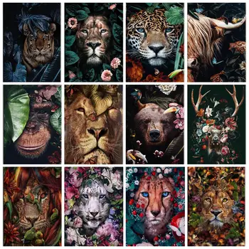 Gėlių Gyvūnų Liūtas, Tigras, Meška Abstrakčios Drobės Tapybos Sienos Menas Šiaurės Plakatas ir Spaudiniai Nuotraukas Kambarį Namų Dekoro