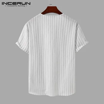 INCERUN 2021 Vyrų Dryžuotas Marškinėliai Atsitiktinis trumpomis Rankovėmis V-Kaklo Camisa Vyras, Kvėpuojantis Medvilnės Blusas Mados Prarasti Harajuku Palaidinė 5XL