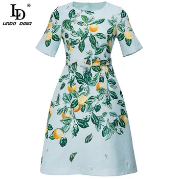 LD LINDA DELLA Dizaineris Rudens Mini Suknelė Moterims trumpomis rankovėmis Prabangūs Blizgančiais Karoliukais Žaliųjų Citrinų Lapų Spausdinimo Derliaus Žakardo Suknelė