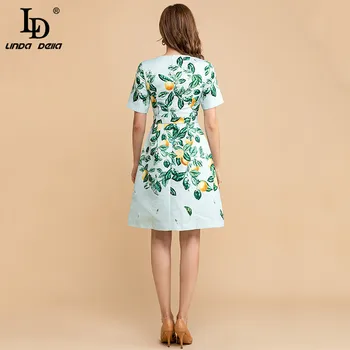 LD LINDA DELLA Dizaineris Rudens Mini Suknelė Moterims trumpomis rankovėmis Prabangūs Blizgančiais Karoliukais Žaliųjų Citrinų Lapų Spausdinimo Derliaus Žakardo Suknelė