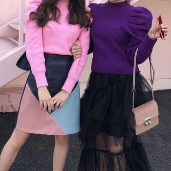 Sluoksniuotos Rankovėmis Pasėlių Megztinis Golfo Rožinė, Violetinė Moterų Megztinis Korėjos Stiliaus, Prabangus, Derliaus Blusa Termica Mielas Blusa Tricot Rudenį